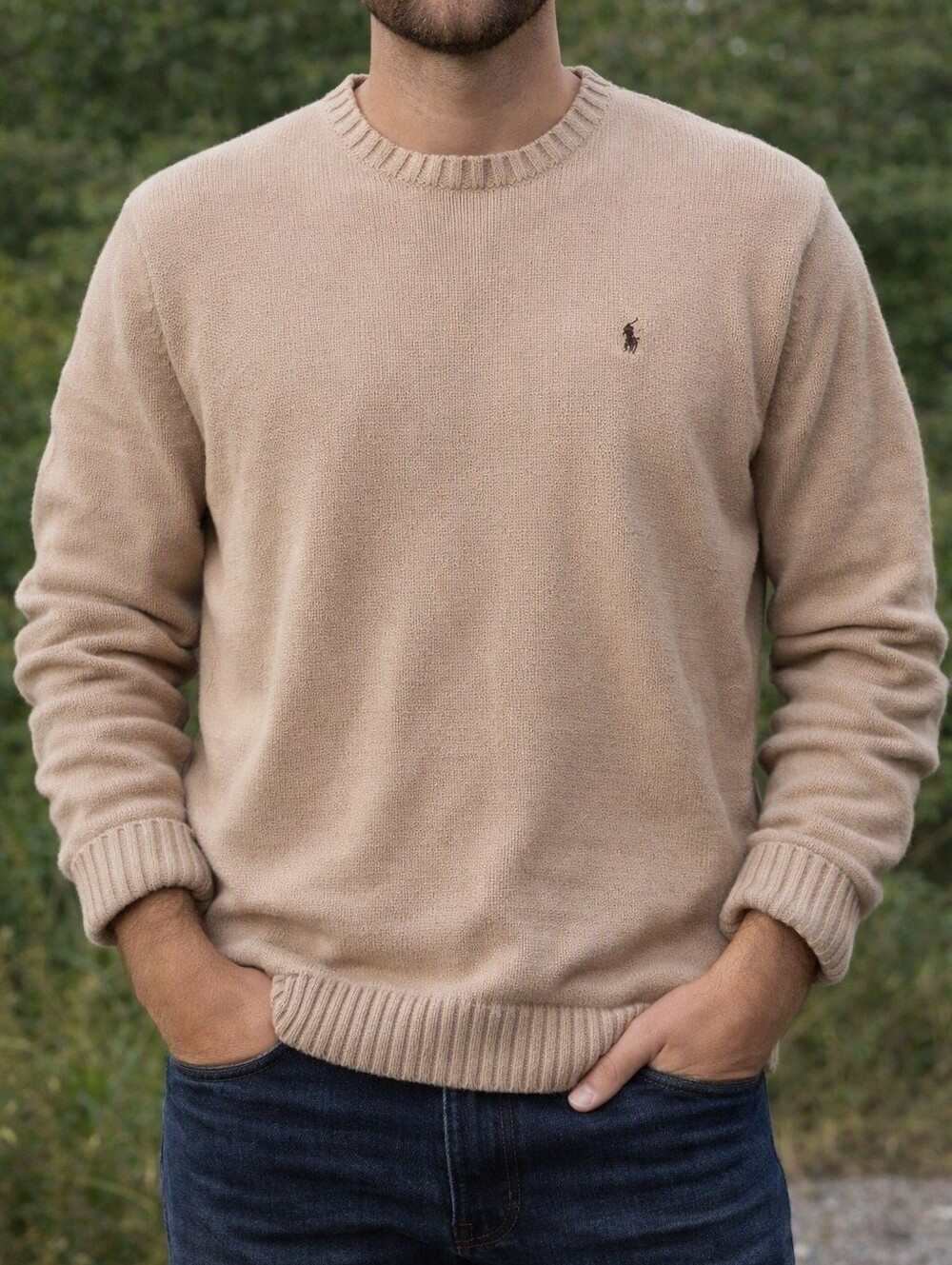 Vintage 90s Preppy Polo by Ralph Lauren Men's Tan Crewneck Sweater. XXL